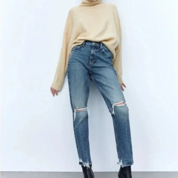 Zara Woman Distressed Jeans Denim Raw Hem High Waisted Skinny Stretch Blue Sz 8 - Picture 3 of 15